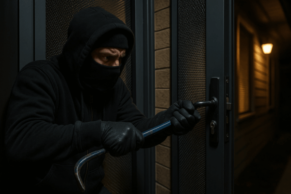 Intruder Attempting To Pry Open A Stainless Steel Security Screen With A Crowbar, But The Screen Holds Firm.