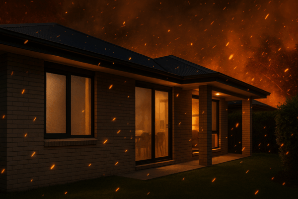 Home With Crimsafe-Style Security Screens Block Glowing Embers During A Bushfire.