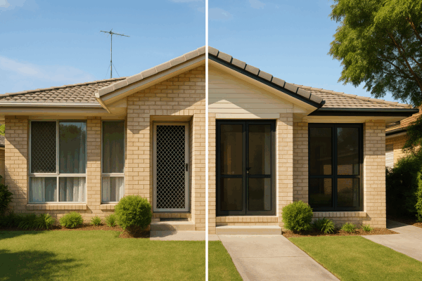 Side-By-Side Comparison Of A Brisbane Home Before And After Installation Of Modern Security Screens.