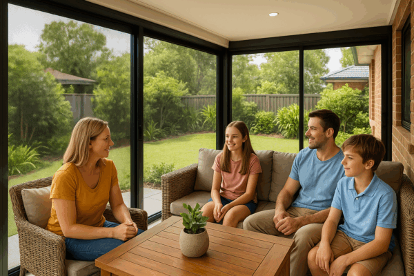 Inside The Mesh: How Crimsafe Technology Reinvents Modern Home Security 8 Family Relaxing Inside A Secure Outdoor Patio Enclosed With Crimsafe Screens, Enjoying Airflow And Garden Views.