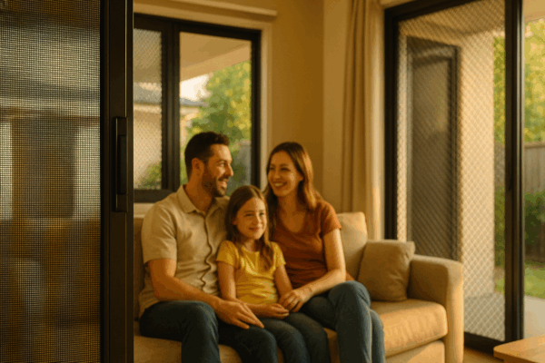 A Family Relaxing Inside A Modern Brisbane Home Fitted With Premium Security Screens On The Doors And Windows