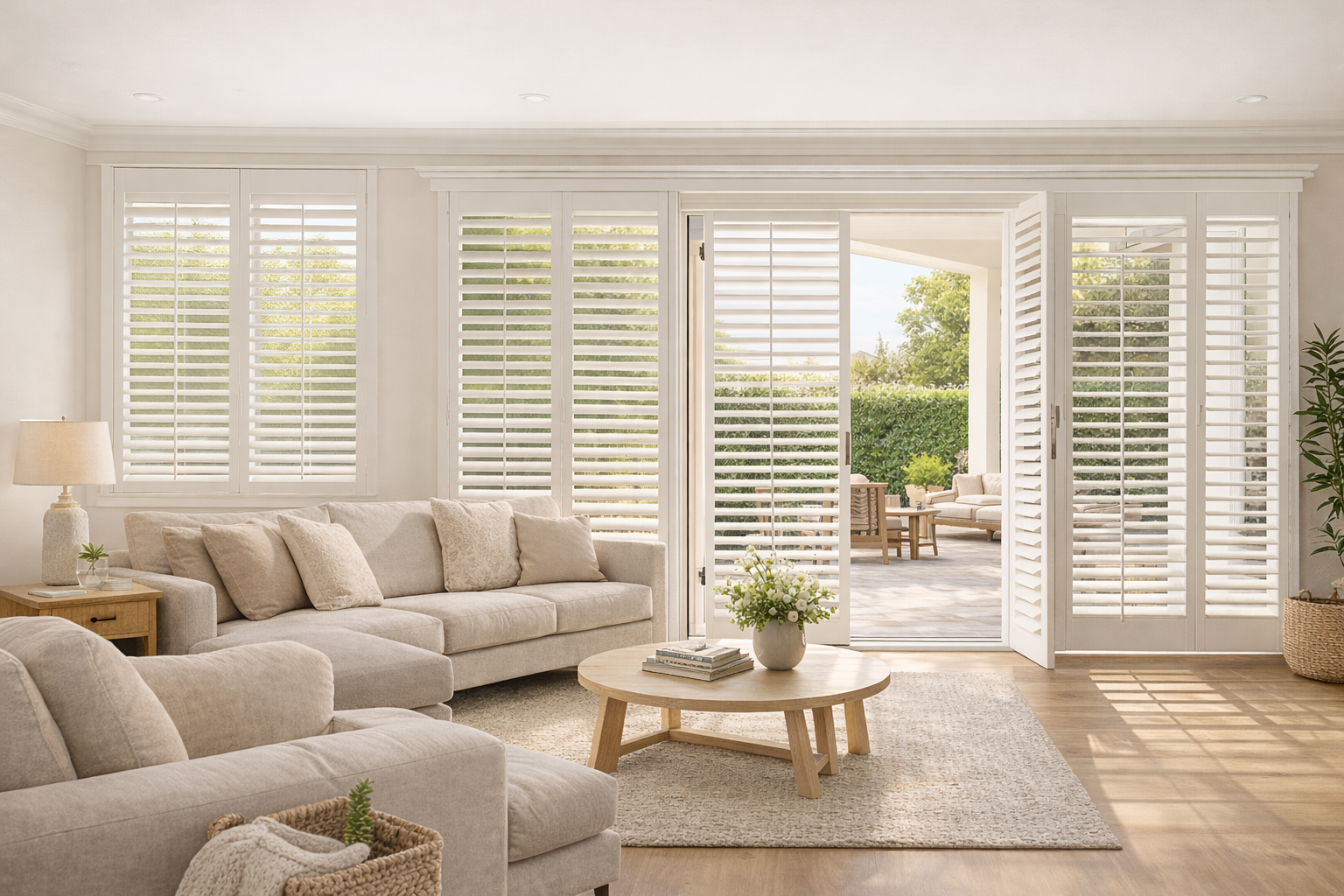 73E7237D-D6D5-4Ae2-9Ae7-0A8491367478 Bright Modern Living Room With White Plantation Shutters Covering Large Sliding Doors, Allowing Natural Light And Airflow, Opening Onto A Sunny Outdoor Patio With Neutral Furnishings.