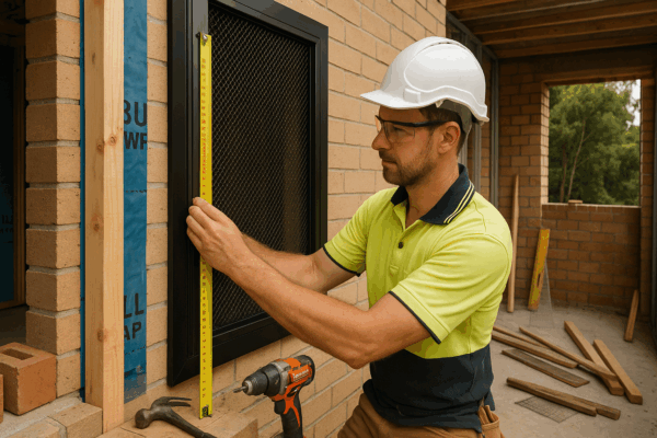 A Builder’s Perspective: Why Security Screens In Brisbane Are Becoming A Standard, Not An Upgrade 6 Builder Inspecting And Measuring A Window Frame During Security Screen Installation On A Brisbane Construction Site.