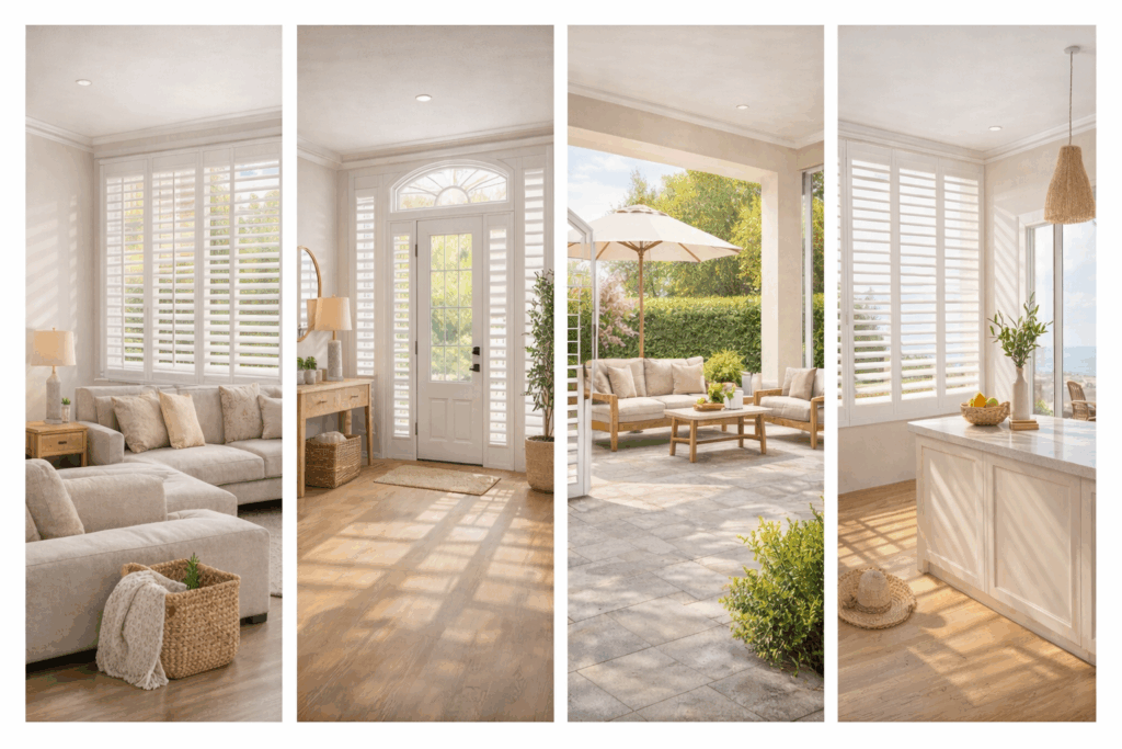 Shutters 5 Four Interior And Outdoor Spaces Featuring White Plantation Shutters, Including A Living Room, Entryway, Covered Patio, And Kitchen, Showing Shutters Used On Windows And Doors In Bright, Sun-Exposed Environments