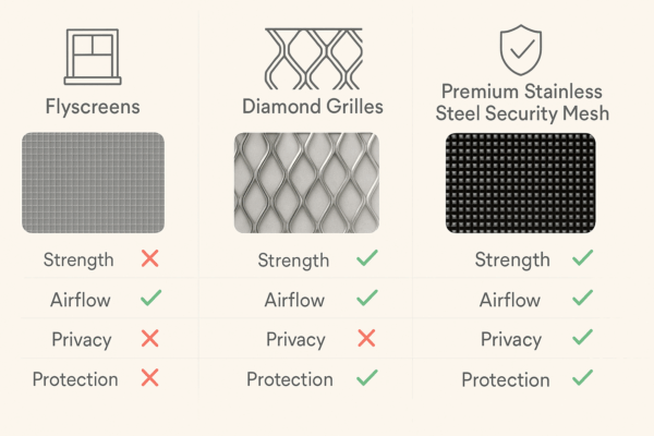 A Builder’s Perspective: Why Security Screens In Brisbane Are Becoming A Standard, Not An Upgrade 7 Infographic Comparing Flyscreens, Diamond Grilles, And Premium Stainless Steel Security Mesh Across Strength And Performance Traits.