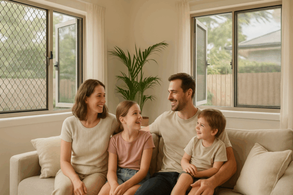 A Builder’s Perspective: Why Security Screens In Brisbane Are Becoming A Standard, Not An Upgrade 8 Family Enjoying Airflow Through Windows Fitted With Premium Stainless Steel Security Screens In Their Brisbane Home.