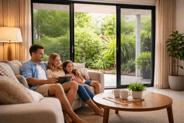 Family Enjoying A Relaxed Home Environment With Crimsafe Security Screens Allowing Airflow While Maintaining Safety.
