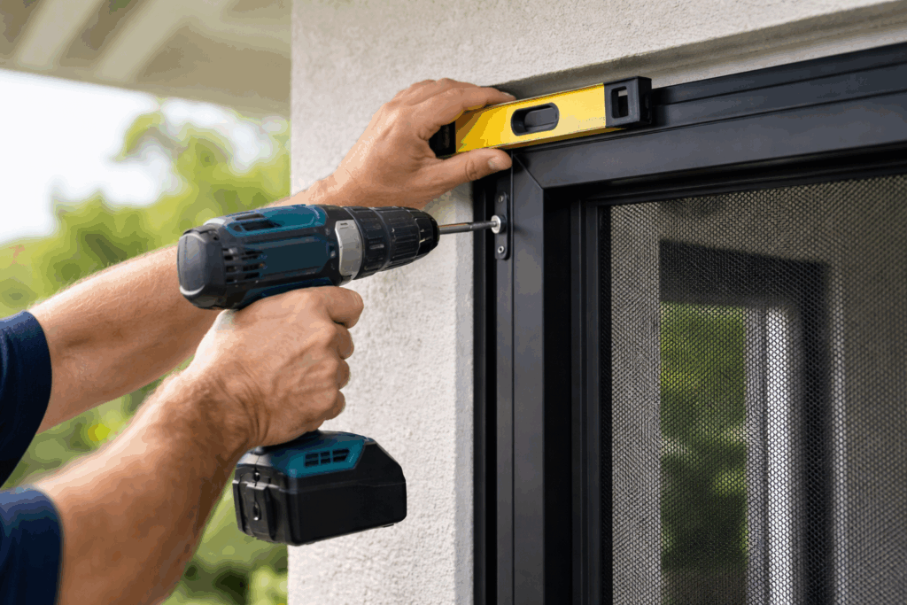 Close-Up Of A Technician Carefully Aligning And Securing A Black Security Screen Door Frame During Installation.