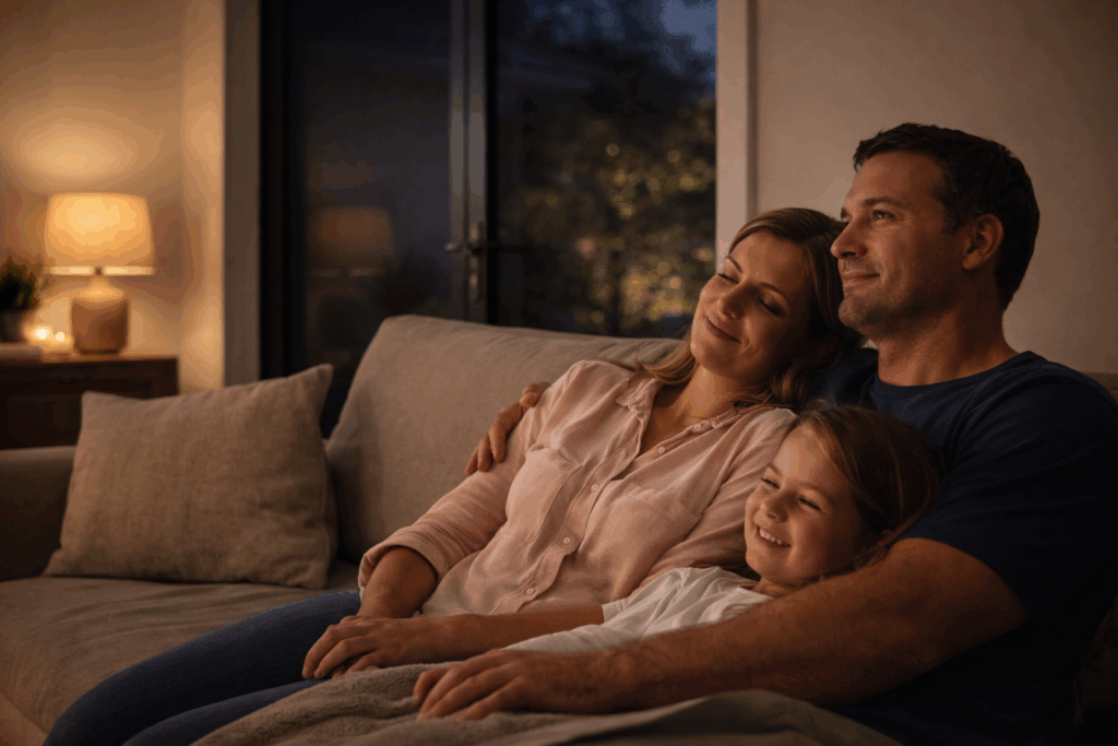 Family Relaxing Indoors At Night With A Closed Security Screen Door Visible Behind Them.