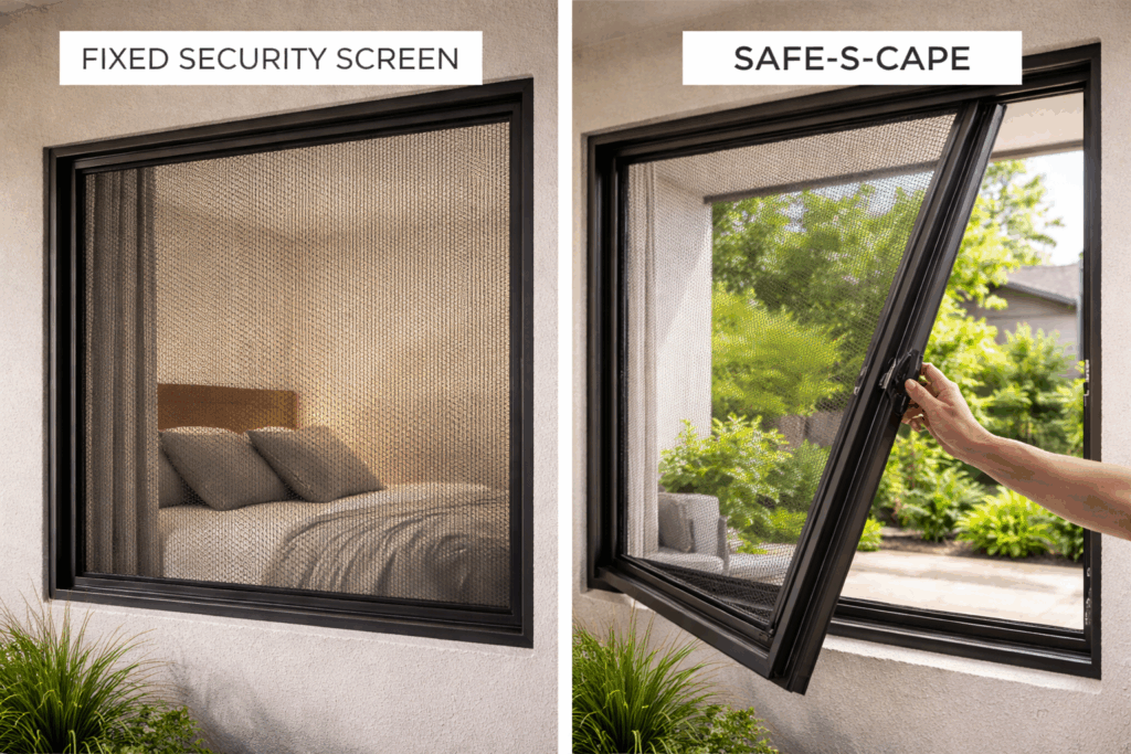 Relentless Security Safe-S-Cape Windows Explained And When Your Home Needs Them 5 Side-By-Side Comparison Of A Fixed Security Screen And A Safe-S-Cape Window Screen That Opens From Inside For Emergency Escape.