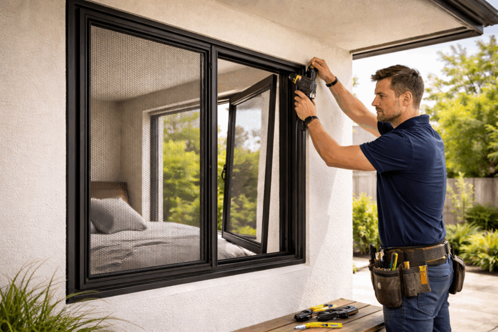 Relentless Security Safe-S-Cape Windows Explained And When Your Home Needs Them 6 Professional Installer Measuring And Fitting A Safe-S-Cape Security Screen To A Modern Residential Window During Renovation.