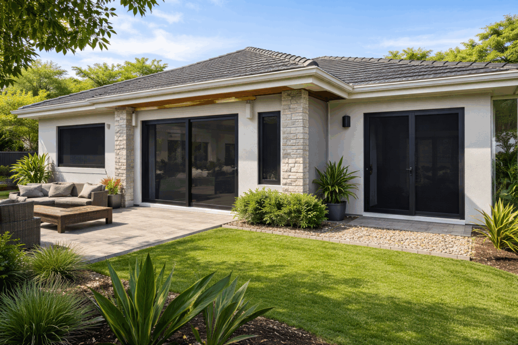 Modern Home Fitted With Black Security Screens On Doors And Windows In A Sunny Suburban Setting.