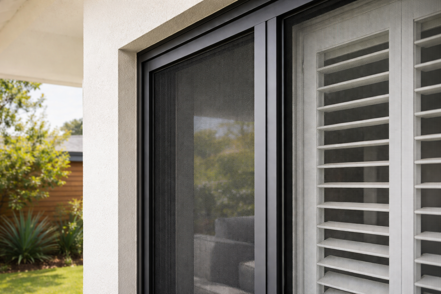 Colour-Matched Crimsafe Frame Blending Seamlessly With Window, Shutters, And Exterior Design.