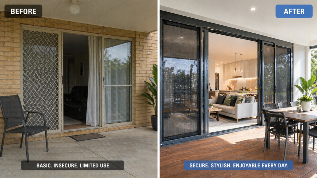 Coastal Patio With Security Screens Holding Strong Against Heavy Wind And Rain During A Storm.