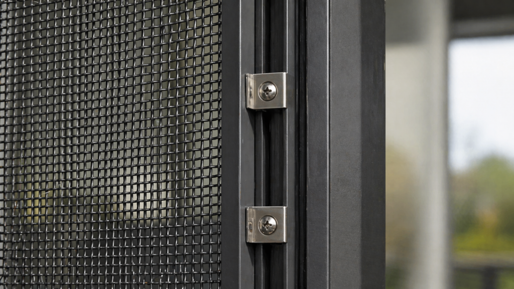 Detailed Close-Up Of Stainless Steel Security Screen Mesh Secured Tightly Within A Reinforced Frame.