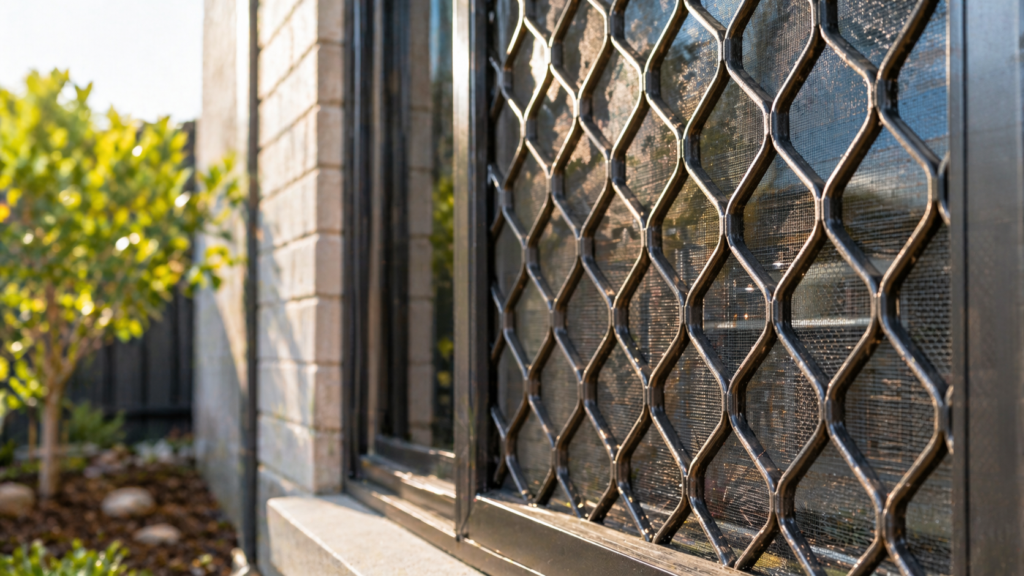 Detailed View Of Stainless Steel Mesh Used In Security Screens On A Residential Window.