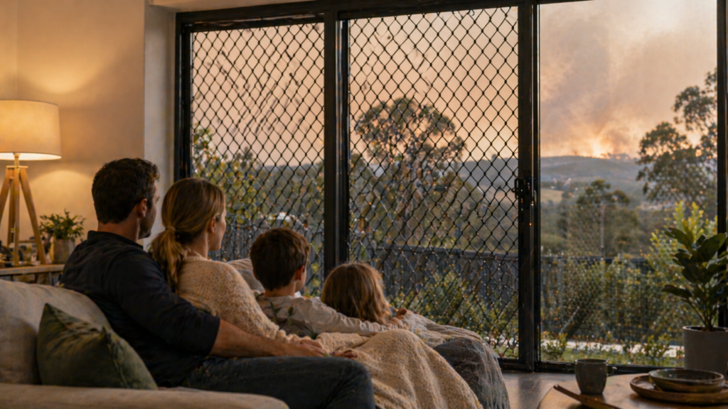 Family Indoors Feeling Safe While Looking Out Through A Screened Window During Smoky Outdoor Conditions.