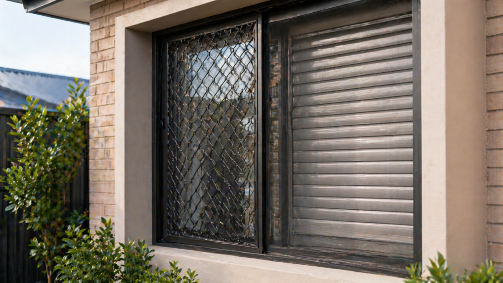 Window Setup Showing Both A Security Screen And A Fire-Rated Shutter For Layered Protection.