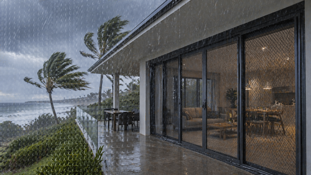 Coastal Patio With Security Screens Holding Strong Against Heavy Wind And Rain During A Storm.