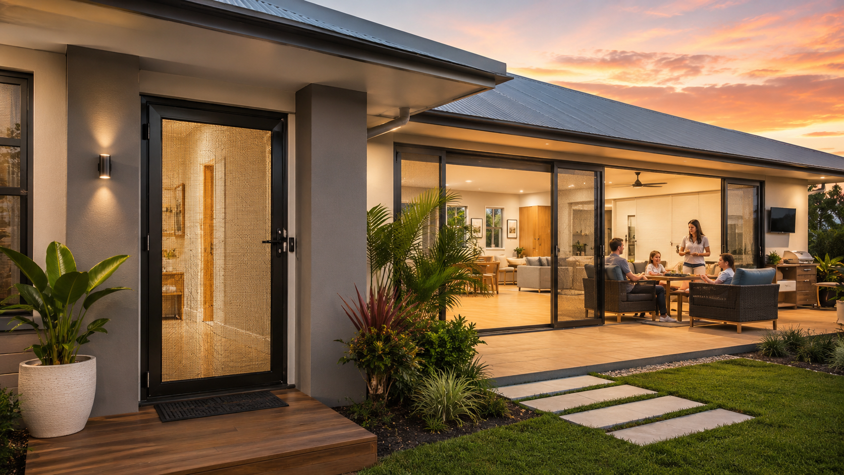 Sliding Or Hinged Security Doors: Which Works Best With Crimsafe 5 Modern Queensland Home With Hinged And Sliding Crimsafe Security Doors Installed.