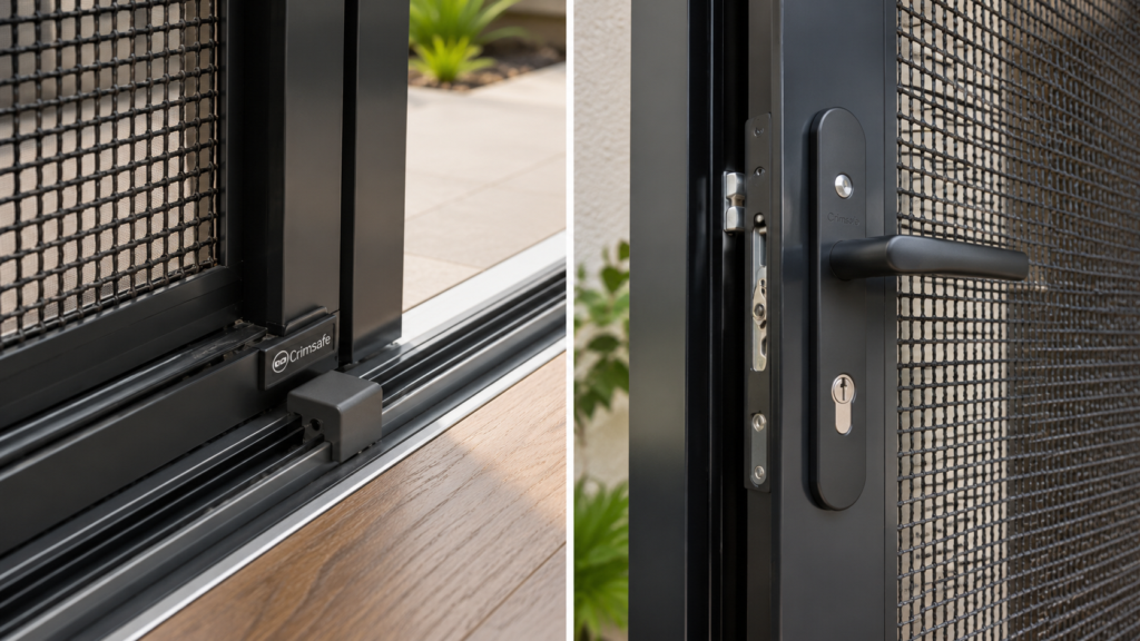 Close-Up Comparison Of Crimsafe Sliding Track And Hinged Security Door Hardware.