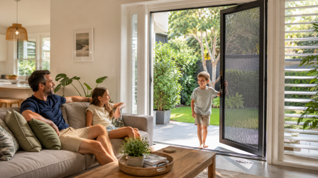 Family Enjoying Fresh Air And Security Through A Crimsafe-Screened Doorway.