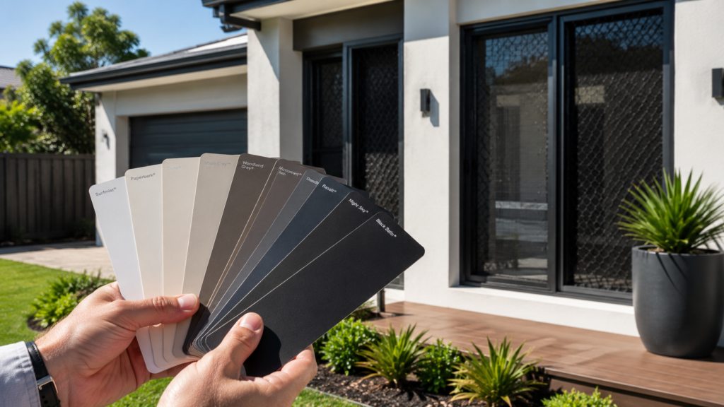 Colour Samples Being Compared Against A Home'S Exterior In Natural Daylight.