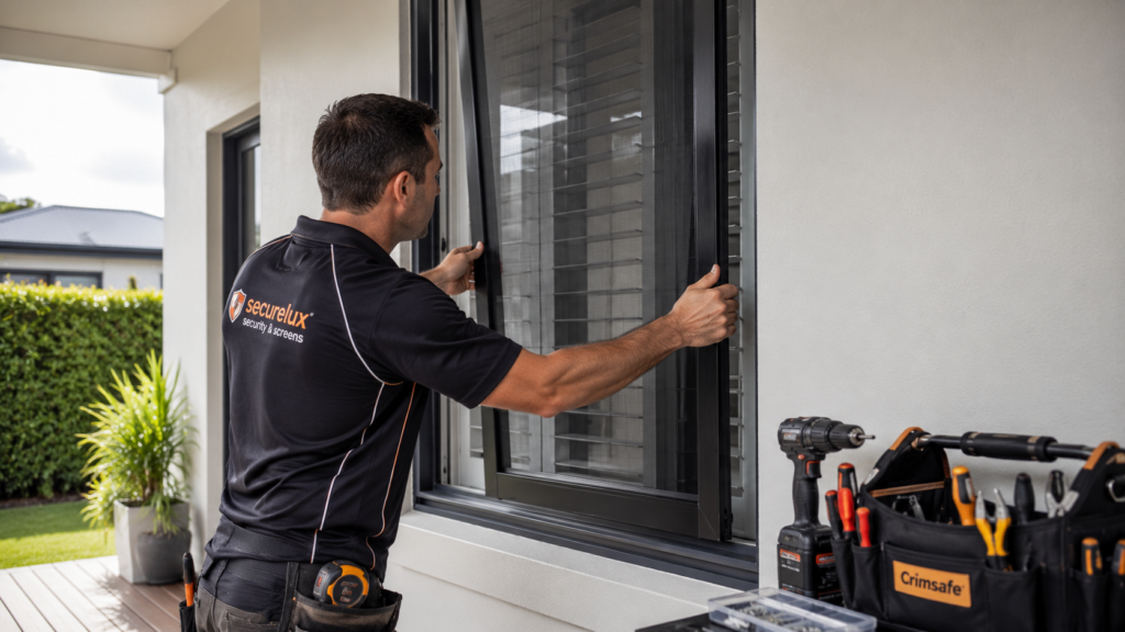 Professional Installer Fitting A Crimsafe Screen With Attention To Detail.