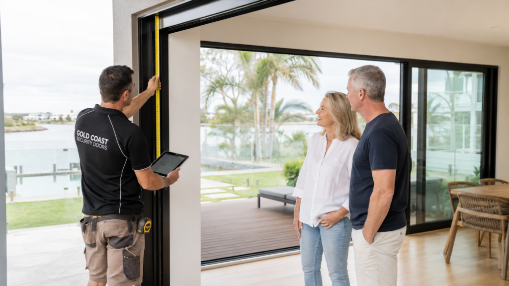 Crimsafe Doors Gold Coast 7 Professional Installer Measuring A Sliding Doorway During A Gold Coast Security Door Consultation.