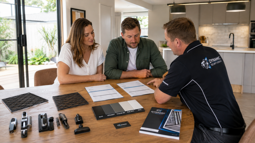How To Get An Accurate Crimsafe Quote Without A Home Visit 7 Homeowners Comparing Written Crimsafe Quotes, Frame Finishes And Lock Hardware Options.