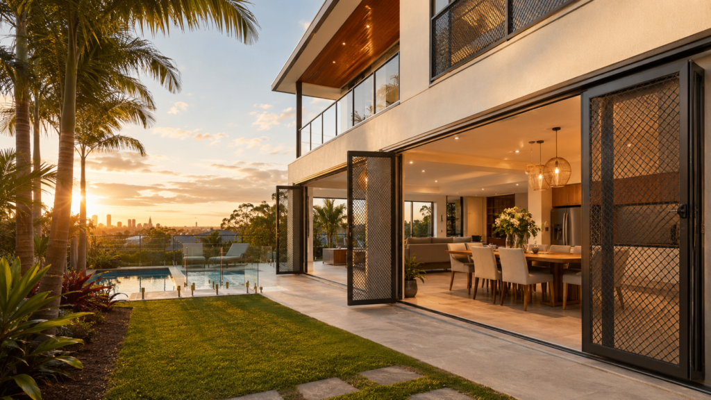 Crimsafe Gold Coast 5 Modern Gold Coast Home With Security Screens Protecting Open Doors And Windows At Sunset.