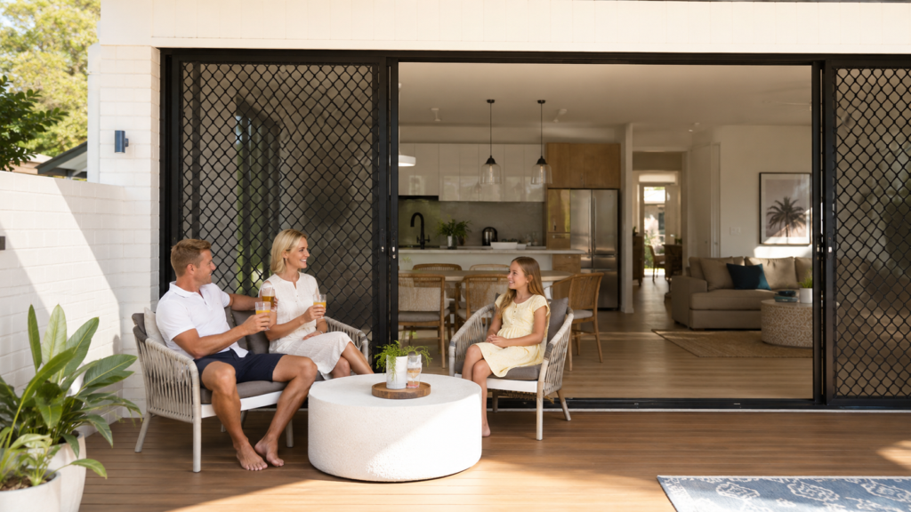 Crimsafe Gold Coast 7 Family Enjoying Fresh Air Through Secured Patio Doors In A Gold Coast Home.
