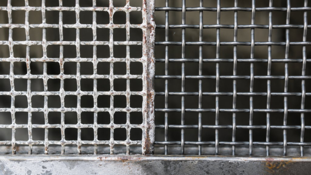Cleaning Crimsafe Screens Correctly To Protect The Mesh 6 Close-Up Comparison Of Salt-Stained Security Mesh And Clean Stainless Steel Mesh.