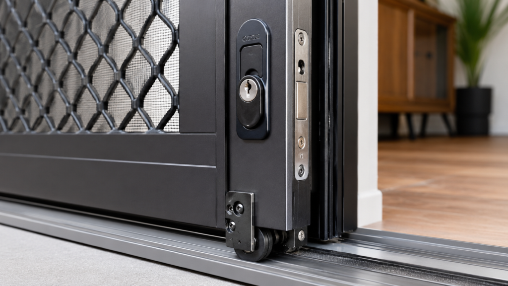 Crimsafe Sliding Doors Gold Coast 6 Close-Up Of Reinforced Locking Hardware, Rollers And Track On A Sliding Security Door.