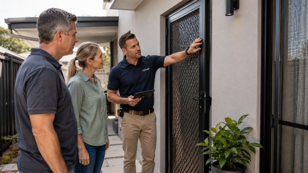 Where Homes Fail First And How Crimsafe Reinforces Entry Points 8 Security Consultant Assessing A Side Entrance With Homeowners During A Full Home Security Inspection.