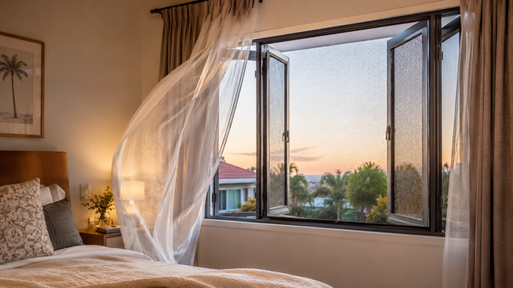 Where Homes Fail First And How Crimsafe Reinforces Entry Points 6 Open Bedroom Window Protected By A Stainless Steel Security Screen While Allowing Fresh Air Inside.