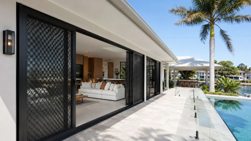 Crimsafe Sliding Doors Gold Coast 5 Modern Gold Coast Home With Sliding Security Screen Doors Protecting A Poolside Alfresco Area.