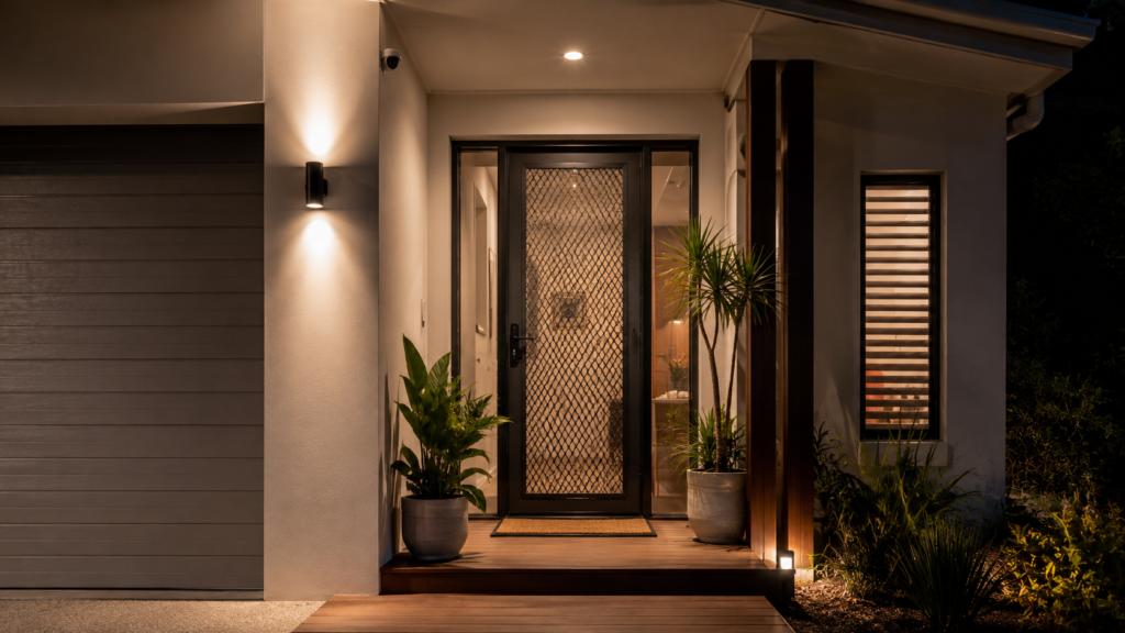 Where Homes Fail First And How Crimsafe Reinforces Entry Points 7 Home Entrance Protected By A Security Screen Door, Motion-Activated Lighting And A Security Camera.