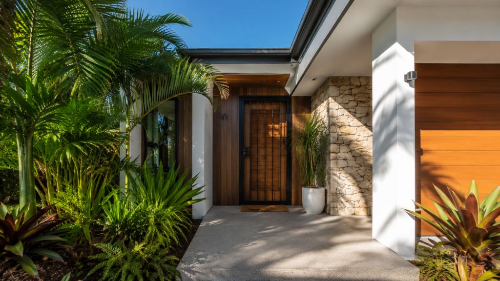 Black Crimsafe Hinged Security Door Installed At A Modern Gold Coast Front Entry