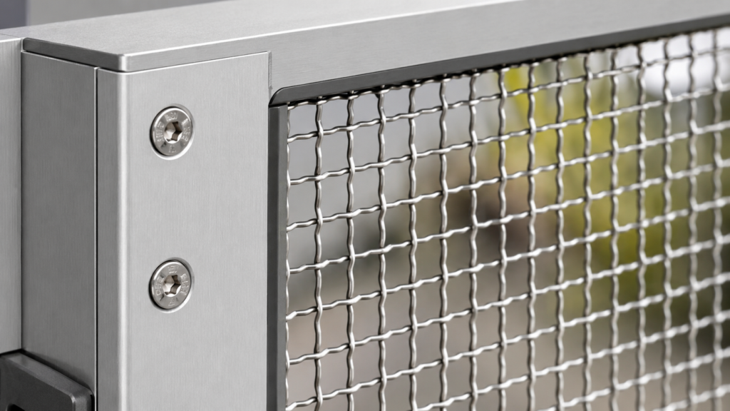 Crimsafe Doors Gold Coast 6 Close-Up Of Stainless Steel Security Mesh Secured To A Door Frame With Clamp Screws.