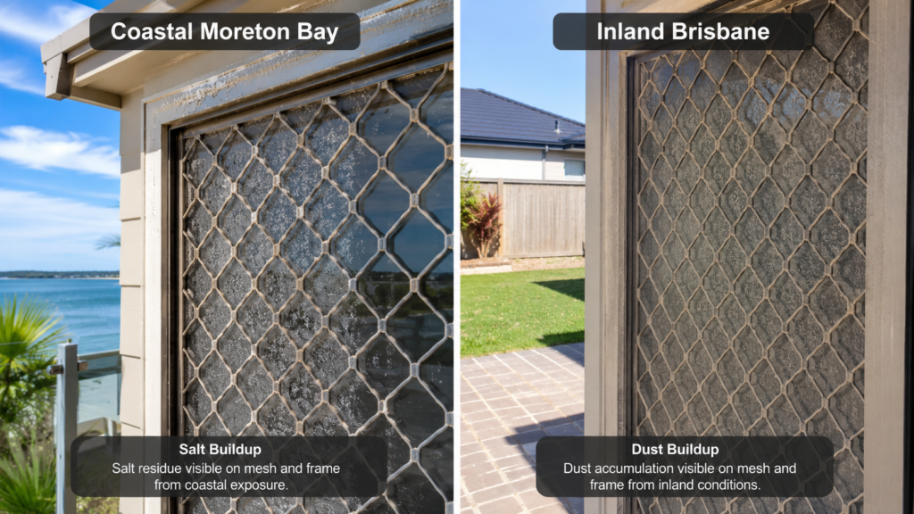 How To Maintain Crimsafe To Extend Its Service Life 7 Comparison Of Salt Buildup On A Coastal Security Screen And Dust Buildup On An Inland Screen.