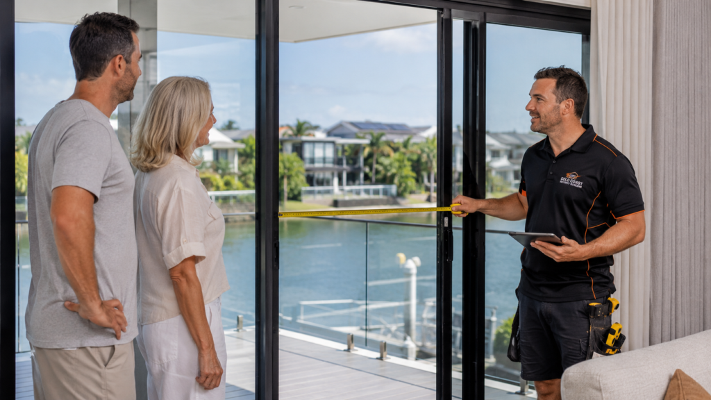 Security Screens Gold Coast 7 Installer Measuring A Sliding Doorway For Custom Security Screens At A Gold Coast Home.