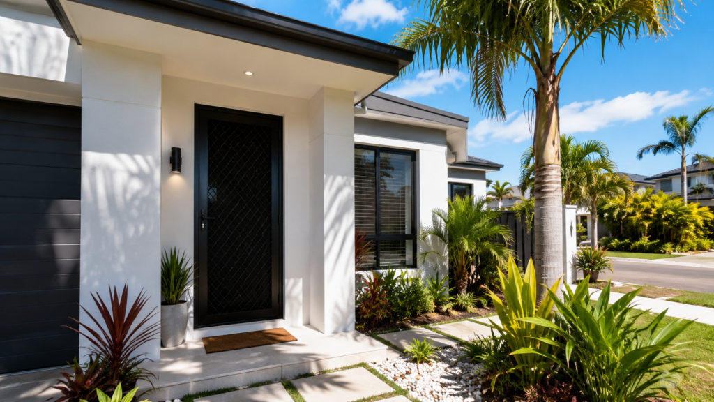 Security Doors Gold Coast 5 Modern Gold Coast Home With A Black Security Screen Door At The Front Entrance.